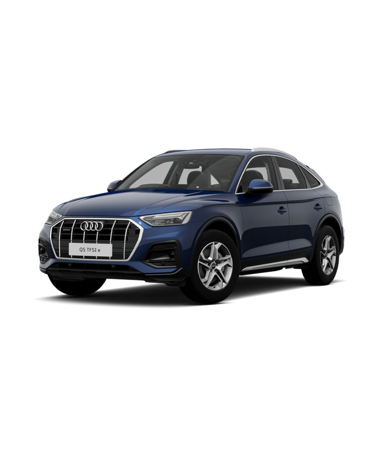 A blue Audi Q5 Sportback tfsie sport trim against a plain background.