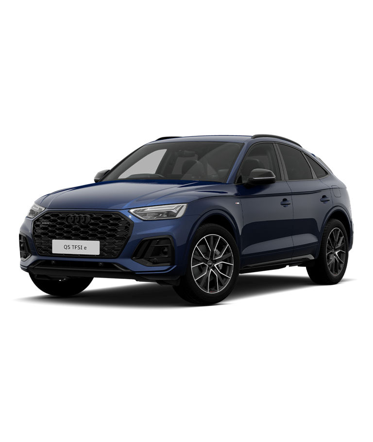 A blue Audi Q5 Sportback tfsie black edition trim against a plain background.
