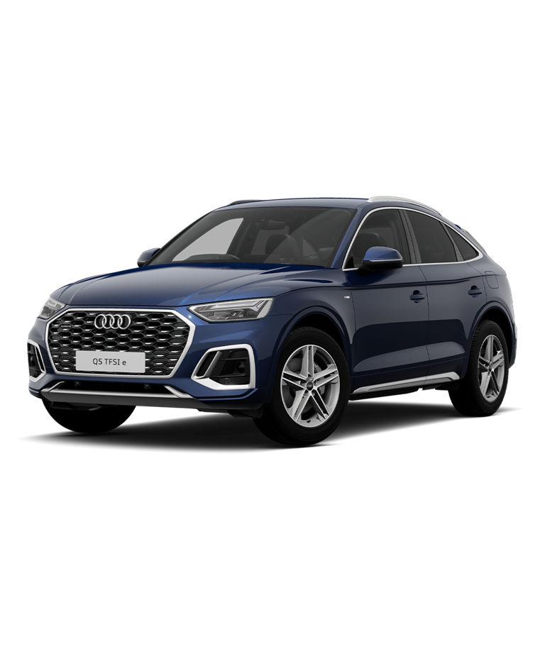 A blue Audi Q5 Sportback tfsie s-line trim against a plain background.