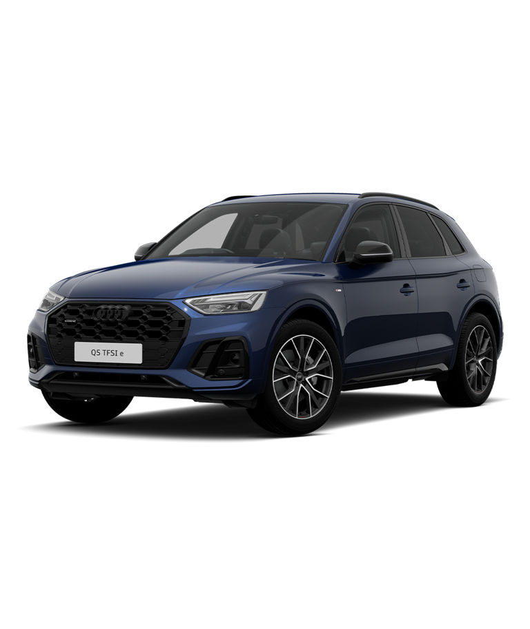 A blue Audi Q5 TFSI e SUV black edition trim displayed against a plain background.