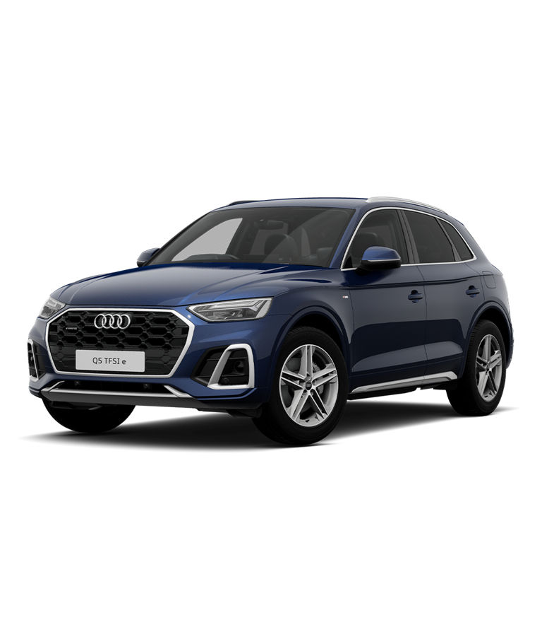 A blue Audi Q5 TFSI e SUV s-line trim displayed against a plain background.