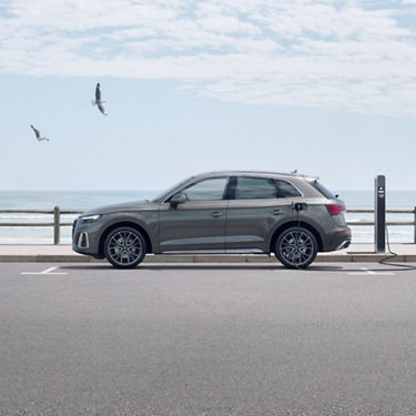 An electric SUV charging at a station by the seaside, with seagulls flying above.