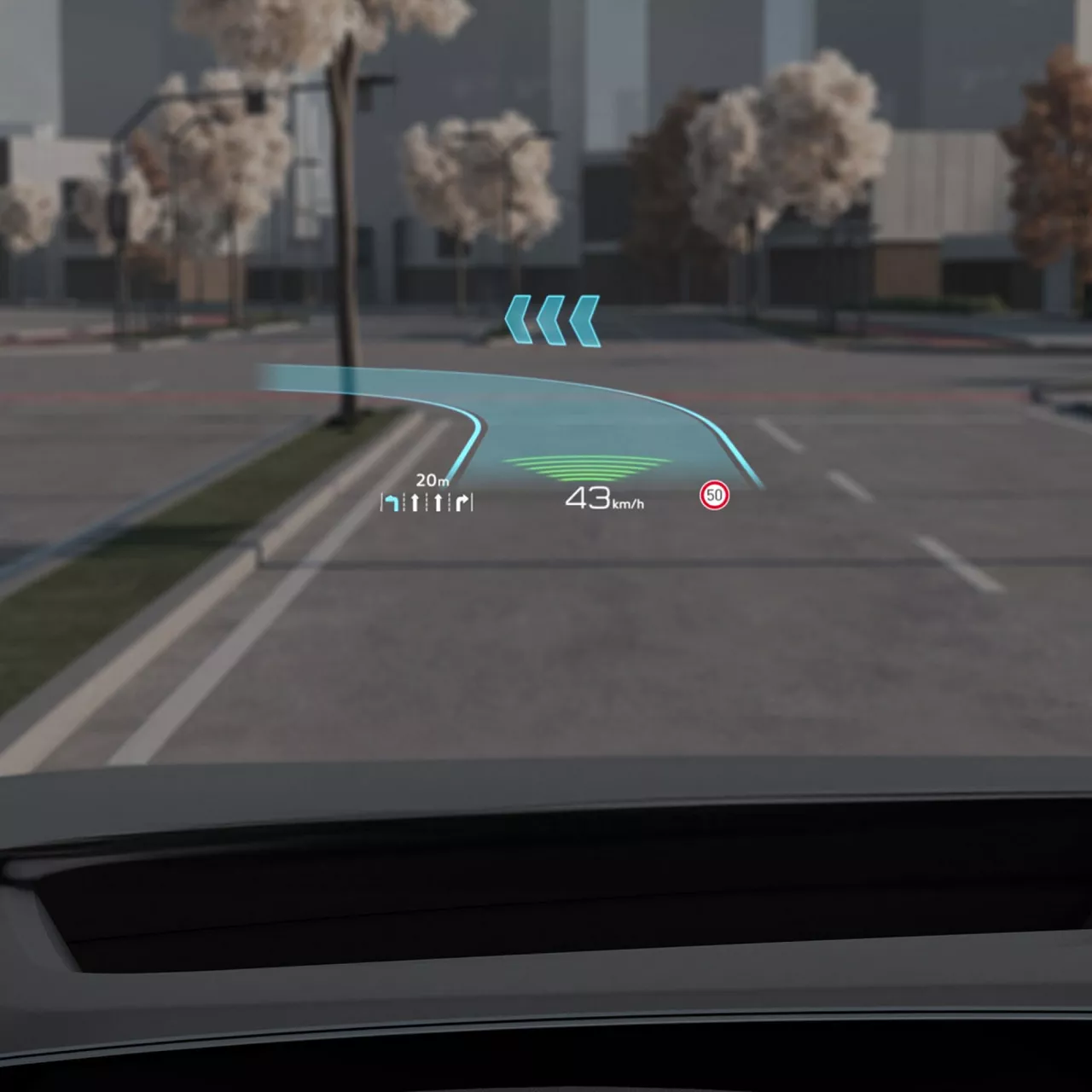 Car's head-up display showing speed of 43 km/h and navigation arrows with a city backdrop.