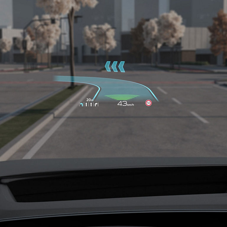 Car's HUD displaying speed at 43 km/h and a navigation arrow with a 20m distance indicator.