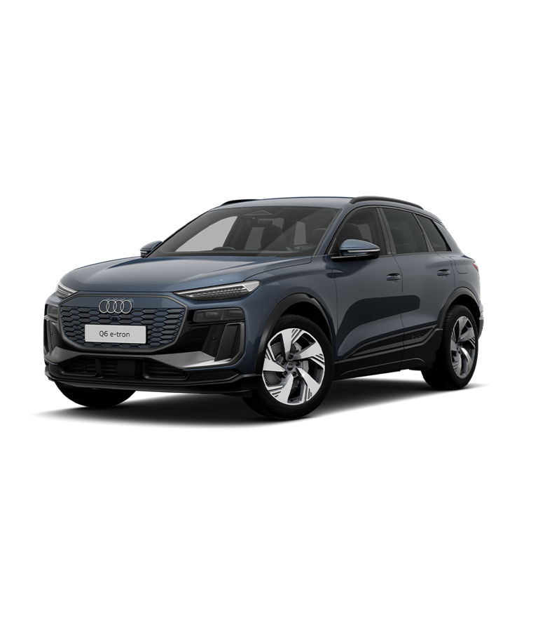 Audi Q6 e-tron SUV s line trim in dark blue color, side front view on a transparent background.