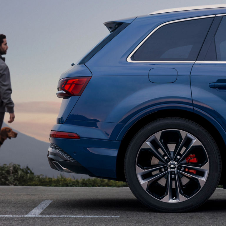 Man with a dog standing beside a blue SUV against a dusk sky.