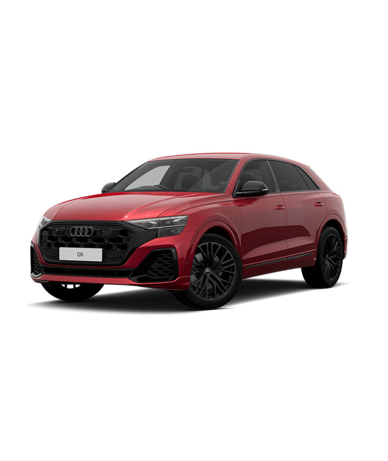 Red Audi Q8 with black trim wheels.