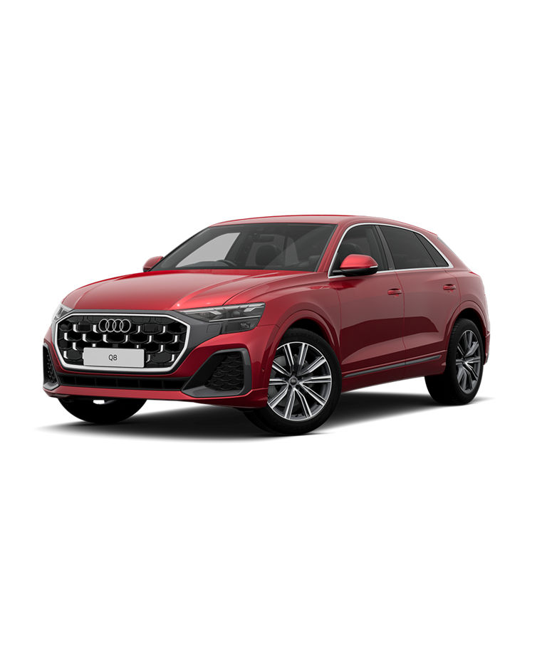 Red Audi Q8 with Sline trim wheels.