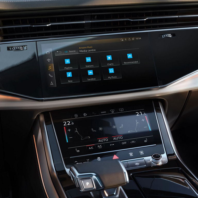 View of touchscreen panel showing features of Audi Q8 SUV.