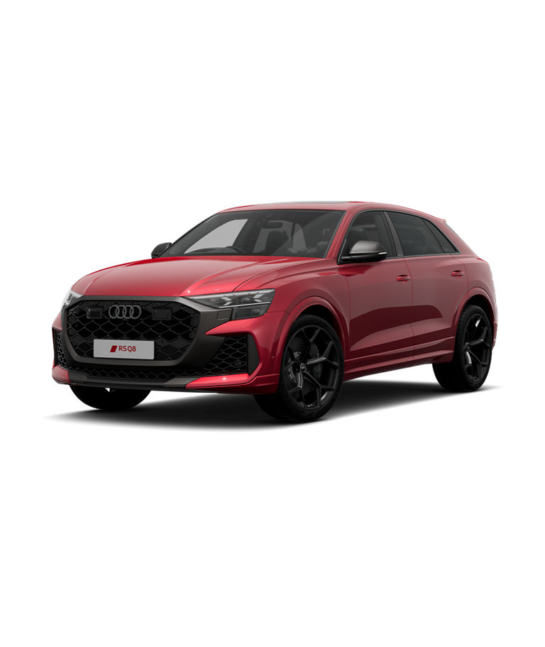Red Audi RS Q8 Performance with black trim wheels.