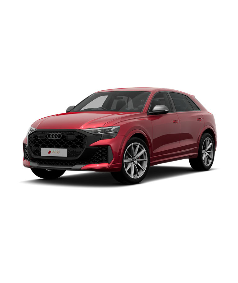 Red Audi RS Q8 with performance trim wheels.