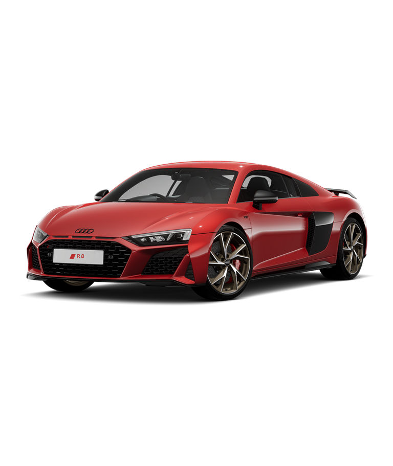 Red Audi R8 Coupe car on a plain background.