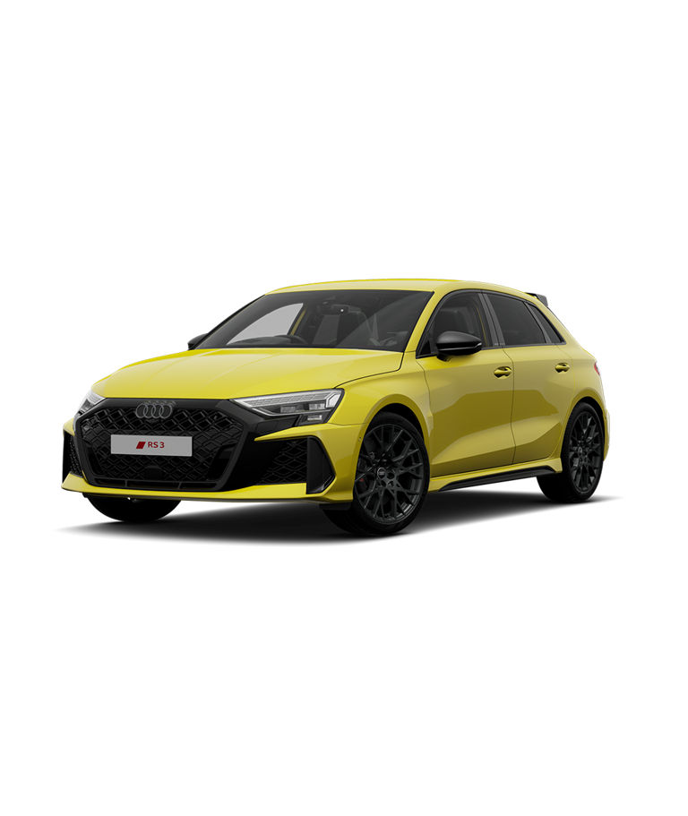 Yellow Audi RS3 Sportback car with Carbon black trim.