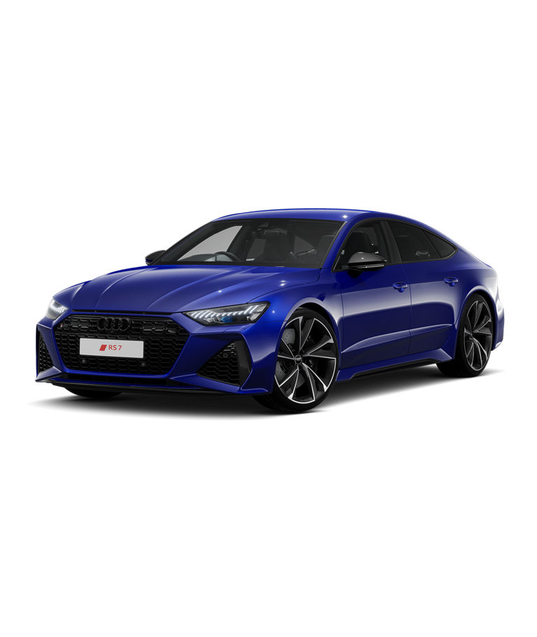 Blue Audi RS7 Sportback carbon black trim on a transparent background.