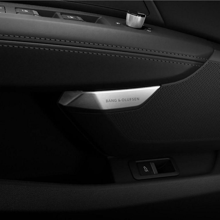 Car door interior with Bang & Olufsen speaker system.