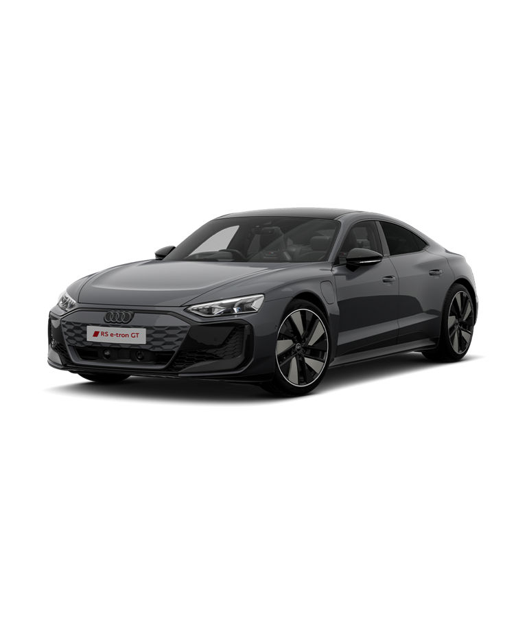 A sleek dark grey Audi RS e-tron GT electric car on a white background.