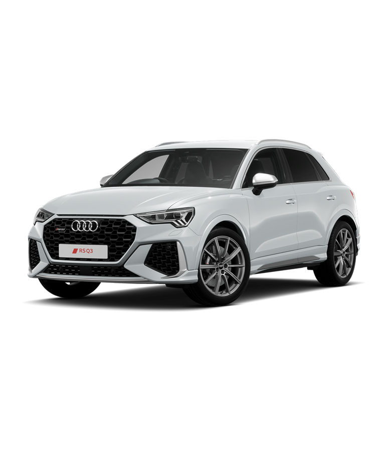 Front angled view of white Audi Q3 on transparent background.
