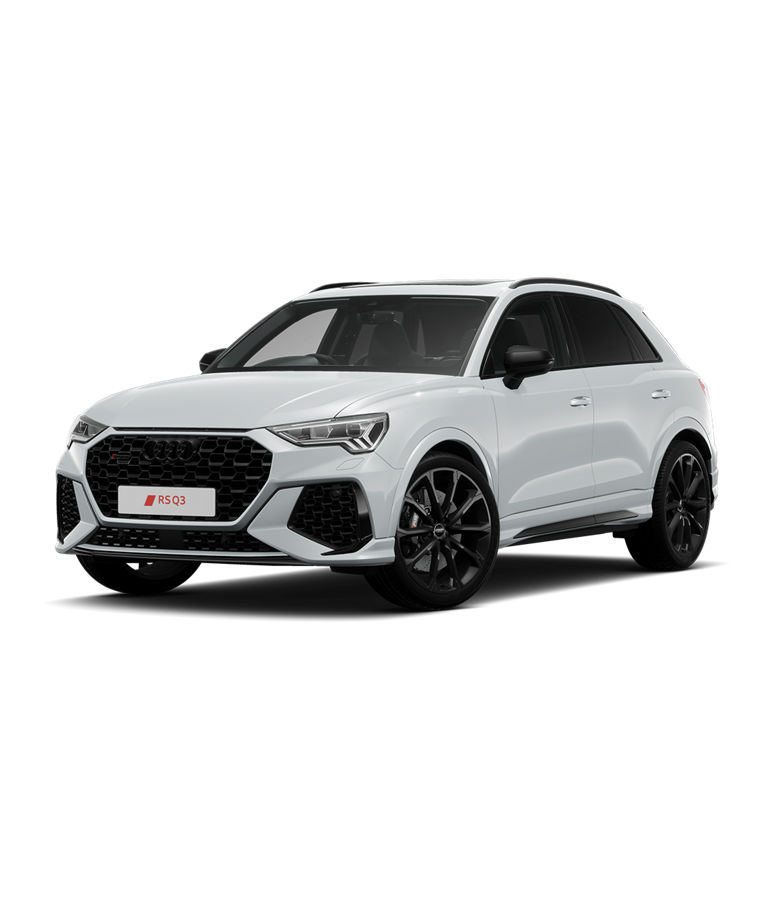 Front angled view of white Audi Q3 on transparent background.