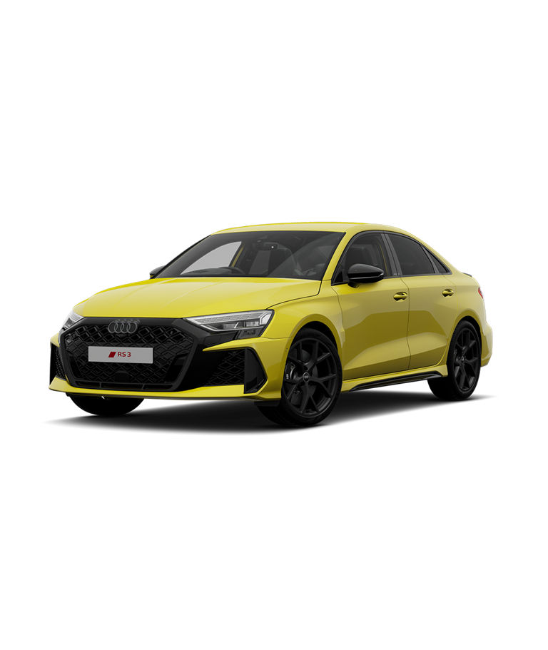 A yellow Audi RS3 Saloon car with a black grille and wheels isolated on a white background.
