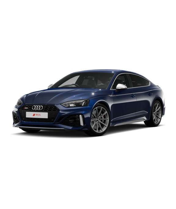 A blue Audi RS5 Sportback car against a white background.