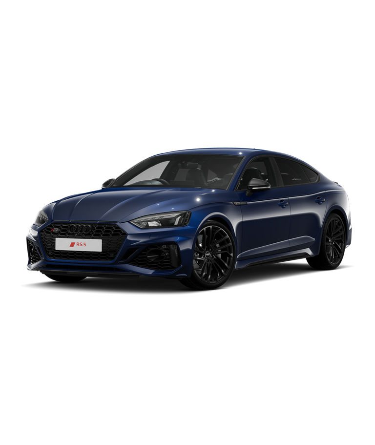A blue Audi RS5 Sportback car carbon black trim against a white background.