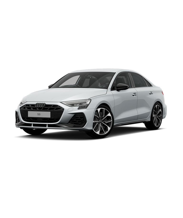 A white Audi S3 Saloon black edition trim on a plain background.