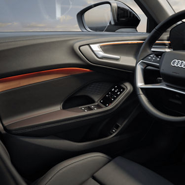 Interior view of a car's driver side door and steering wheel with luxurious finishes.