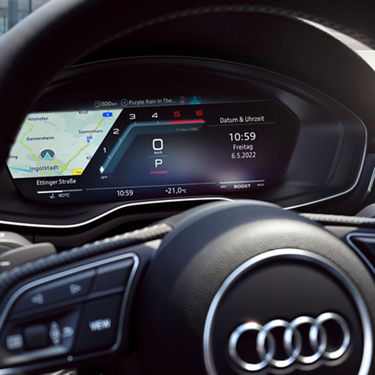 Digital dashboard of a car displaying a map, speedometer, and music track information.