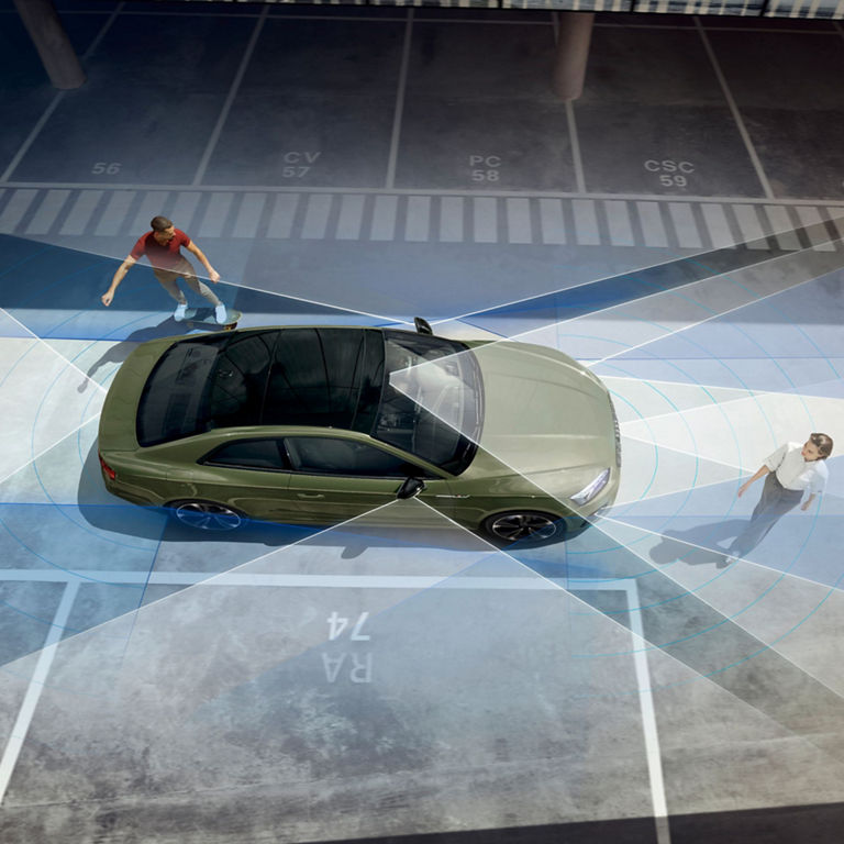 A green car with advanced sensor visualization overlay detecting pedestrians nearby.