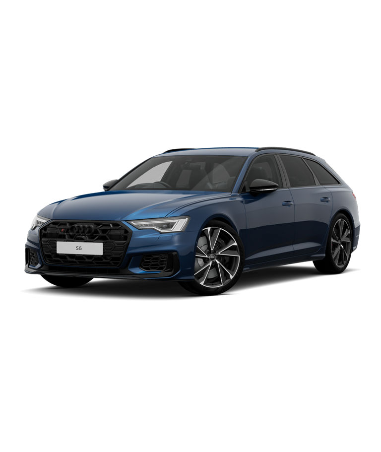A blue Audi S6 Avant black edition trim on a transparent background.