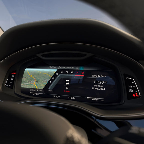 Digital car dashboard displaying speedometer, navigation map, and multimedia info.