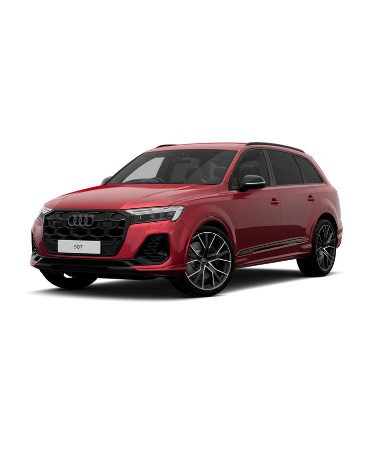 A red Audi SQ7 SUV black edition trim against a plain background.