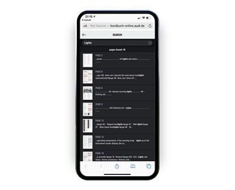 A mobile phone browser app displaying the Audi manual content and search function